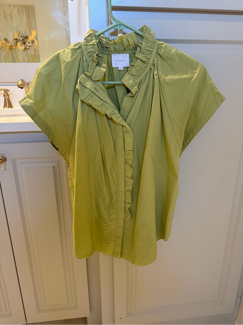 Sundays Olive Green Ruffle-Collar Short Sleeve Blouse